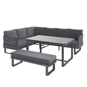 Ambia Garden Dining-Loungeset, Anthrazit, Metall, Kunststoff, Glas, Textil, Eckteil, L-Form, 241x190 cm, Tisch mit Glasplatte, Loungemöbel, Loungemöbel-Sets