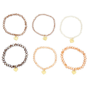 6 Damen Armbänder aus Glasperlen HELLBRAUN / BEIGE / GOLD