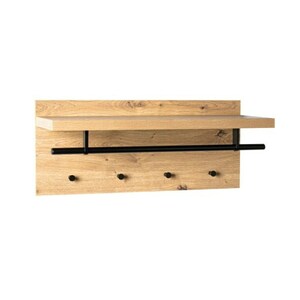 Wandgarderobe 70 x 30 cm Eiche/ Schwarz - Tiefe 26 cm - 4 Haken - 1 Kleiderstange