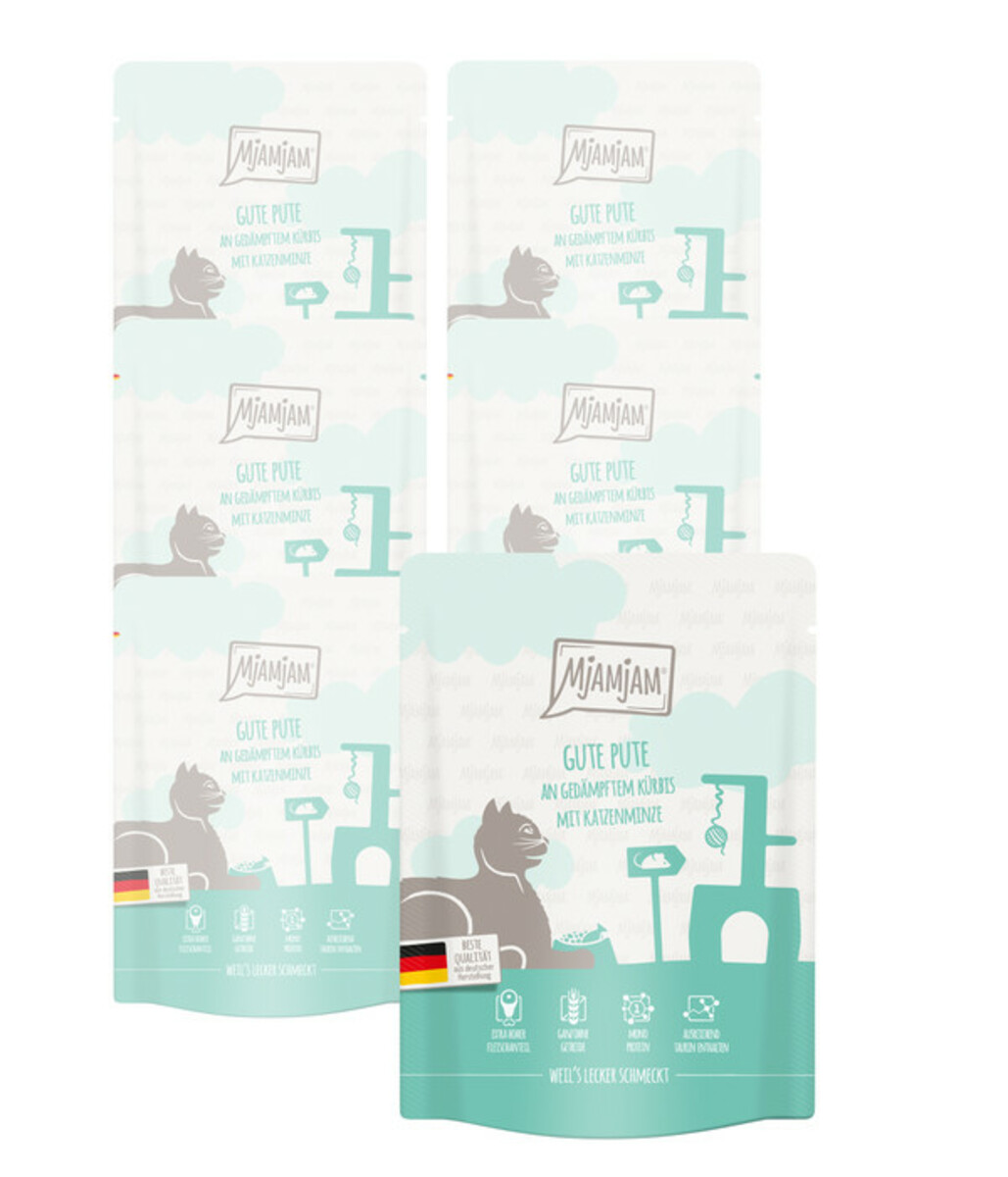 Bild 1 von MjAMjAM® Nassfutter für Katzen Quetschie Adult, Pute, Kürbis & Katzenminze