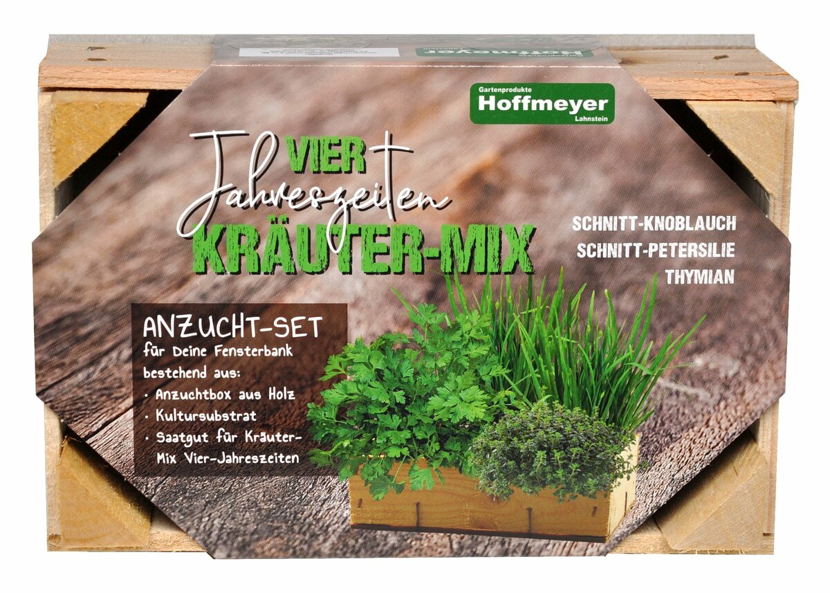 Bild 1 von Anzucht-Set 'Kräutermix' Holzkiste mit Kultursubstrat und Saatgut