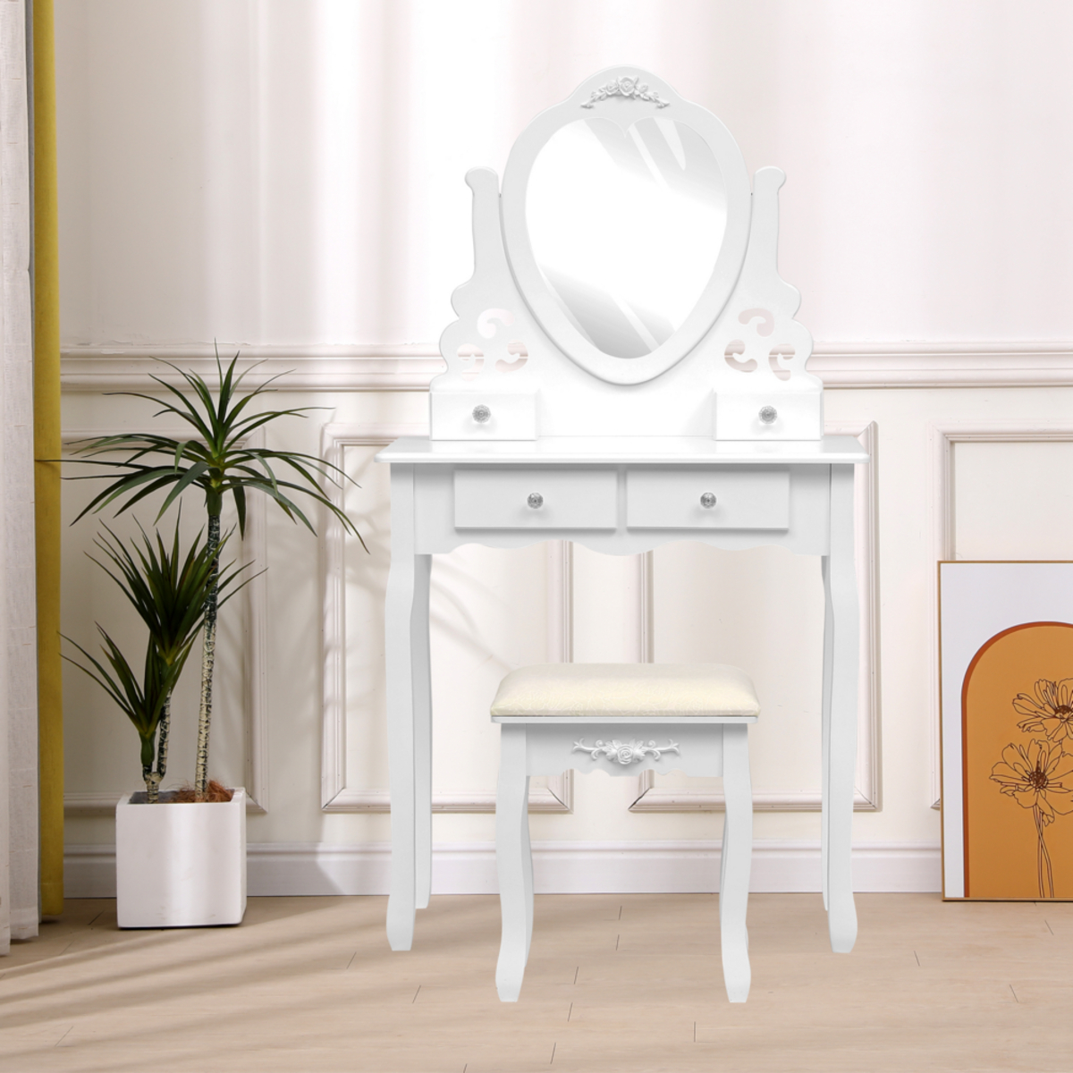 Bild 1 von Happy Home Schminktisch mit Spiegel, 4 Schubladen & Hocker HDT04-WEI weiß