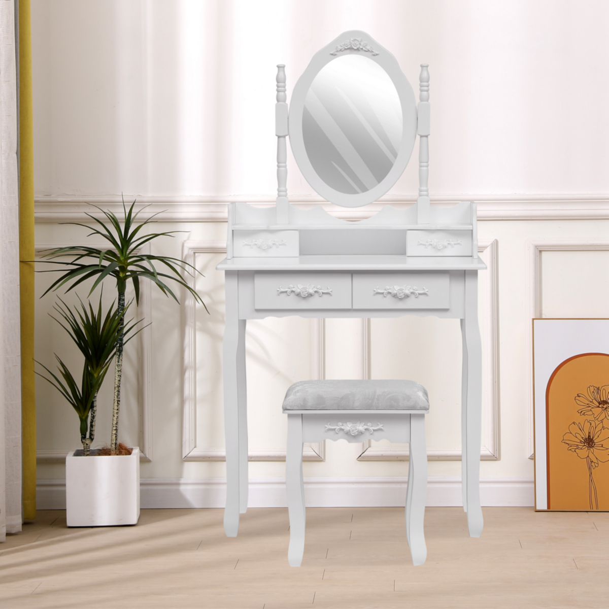 Bild 1 von Happy Home Schminktisch mit Spiegel, 4 Schubladen & Hocker HDT05-WEI weiß
