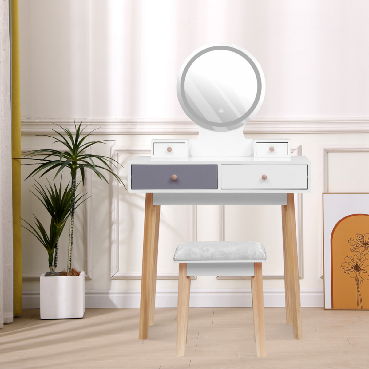 Bild 1 von Happy Home Schminktisch mit LED Spiegel, 4 Schubladen und Hocker HDT02-WEI weiß