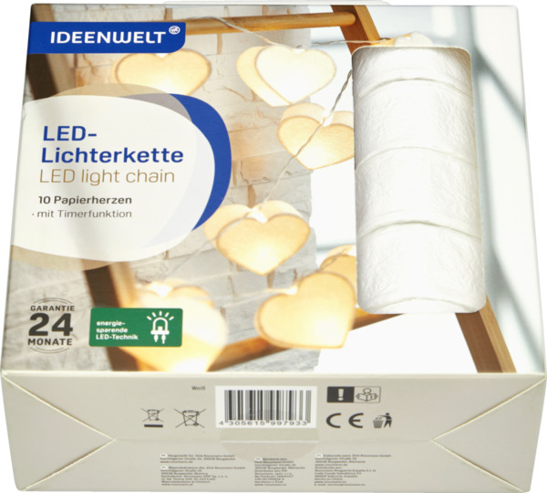 Bild 2 von IDEENWELT LED-Lichterkette Papierherzen weiß