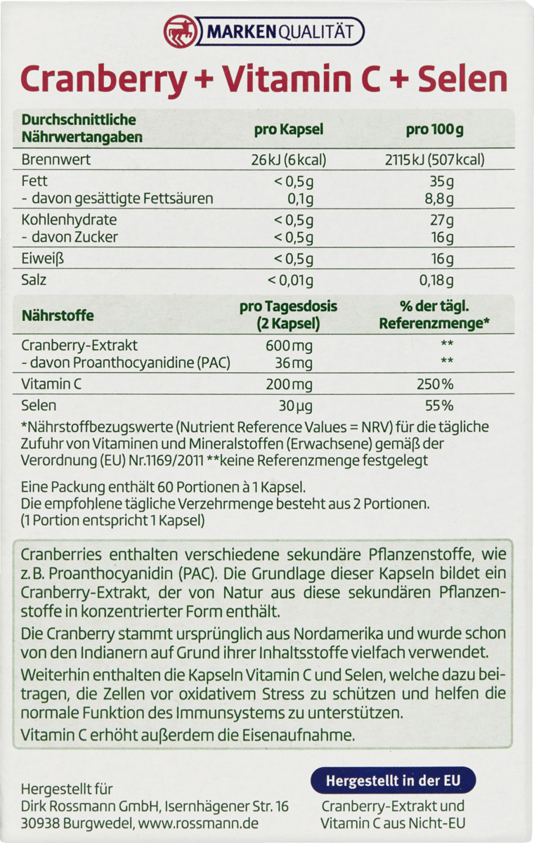 Bild 4 von altapharma Cranberry + Vitamin C + Selen 60 Kapseln 5.47 EUR/100 g