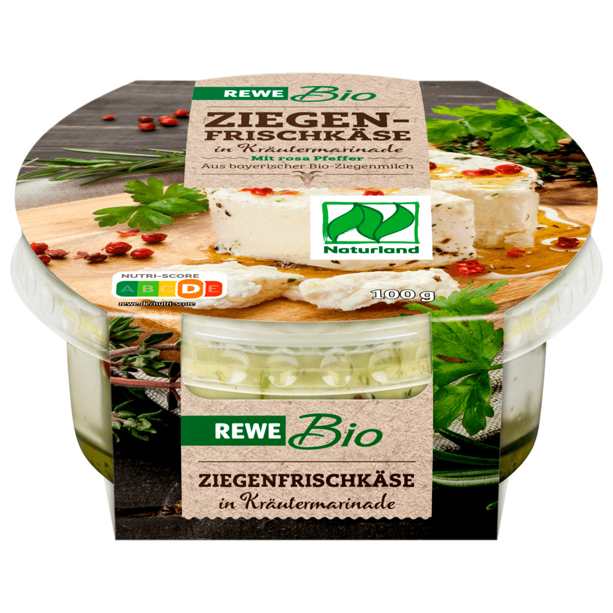 Bild 1 von REWE Bio Ziegenfrischkäse in Kräutermarinade mit rosa Pfeffer 100g