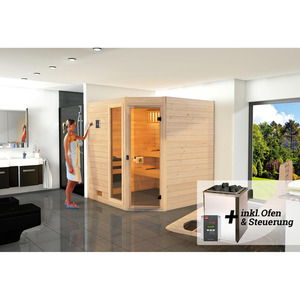 Weka Massivholz-Sauna 'Valida 2 Eck' mit 7,5 kW OS-Ofenset, Steuerung, Glastür, Fenster 187 x 170 x 203,5 cm