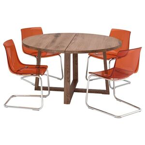 MÖRBYLÅNGA / TOBIAS  Tisch und 4 Stühle, Eichenfurnier braun las./braunrot verchromt 145 cm