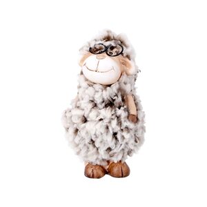 Schaf mit Brille aus Terrakotta mit Fell 20 cm