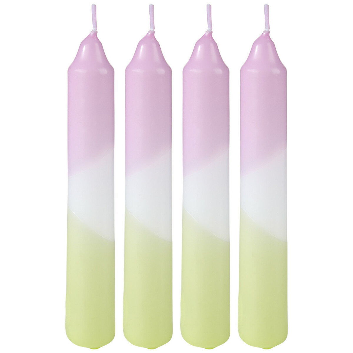 Bild 1 von 4 Stabkerzen mit Farbverlauf HELLLILA / WEISS / ZARTGRÜN