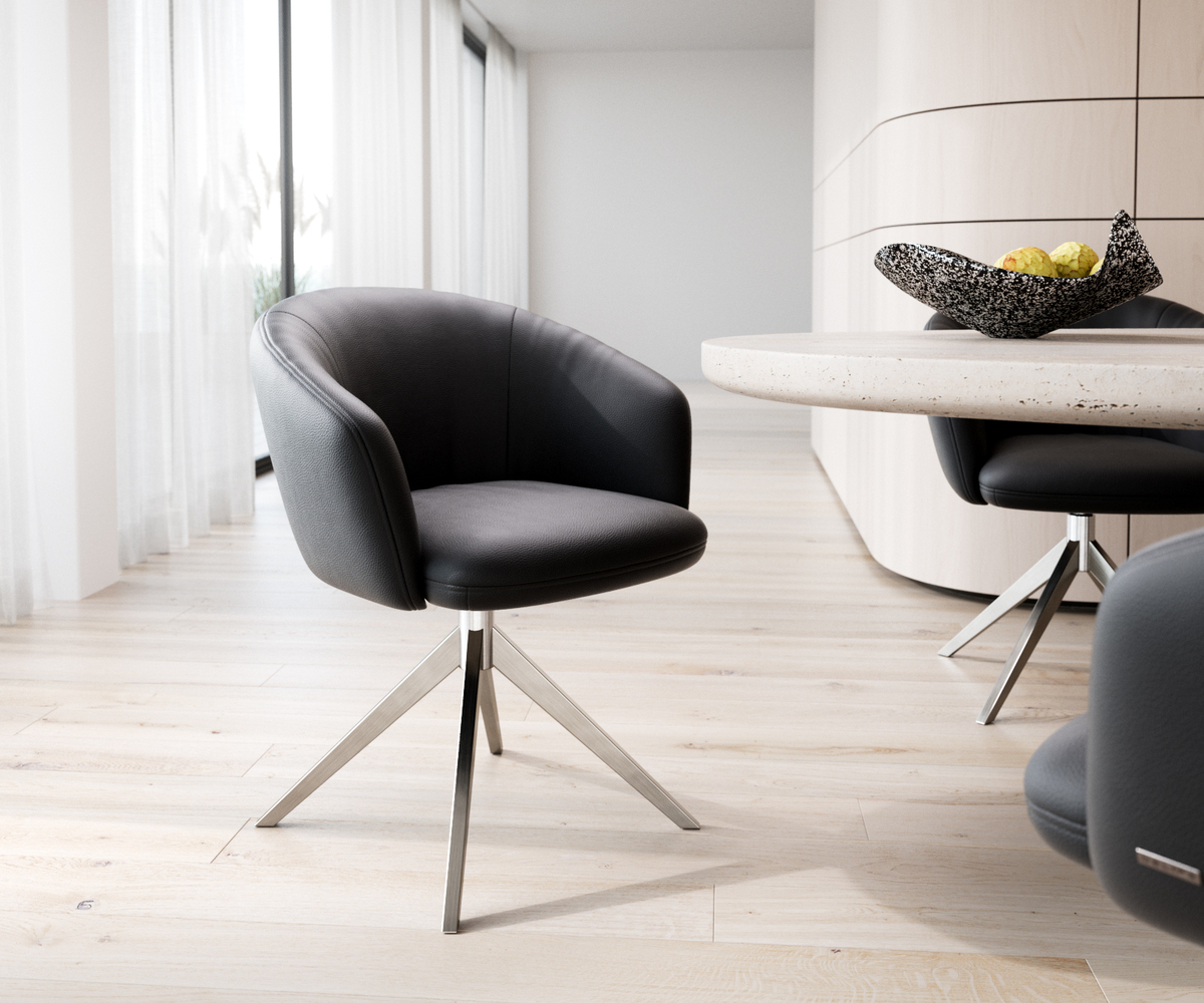 Bild 1 von Drehstuhl Caja-Flex mit Armlehnen Echt-Leder Schwarz Kreuzgestell breit Edelstahl 360° drehbar Taschenfederkern