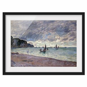 Gerahmtes Poster Fischerboote am Strand und die Klippen von Pourville von Claude Monet
