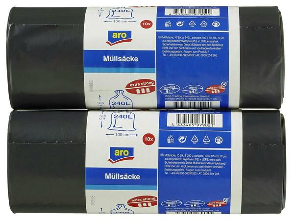 Bild 1 von aro Müllsäcke, HDPE / LDPE, 37.5 µm, 115 x 135 cm, 240 L, schwarz, 2 Rollen x  10 Stück (20 Stück)