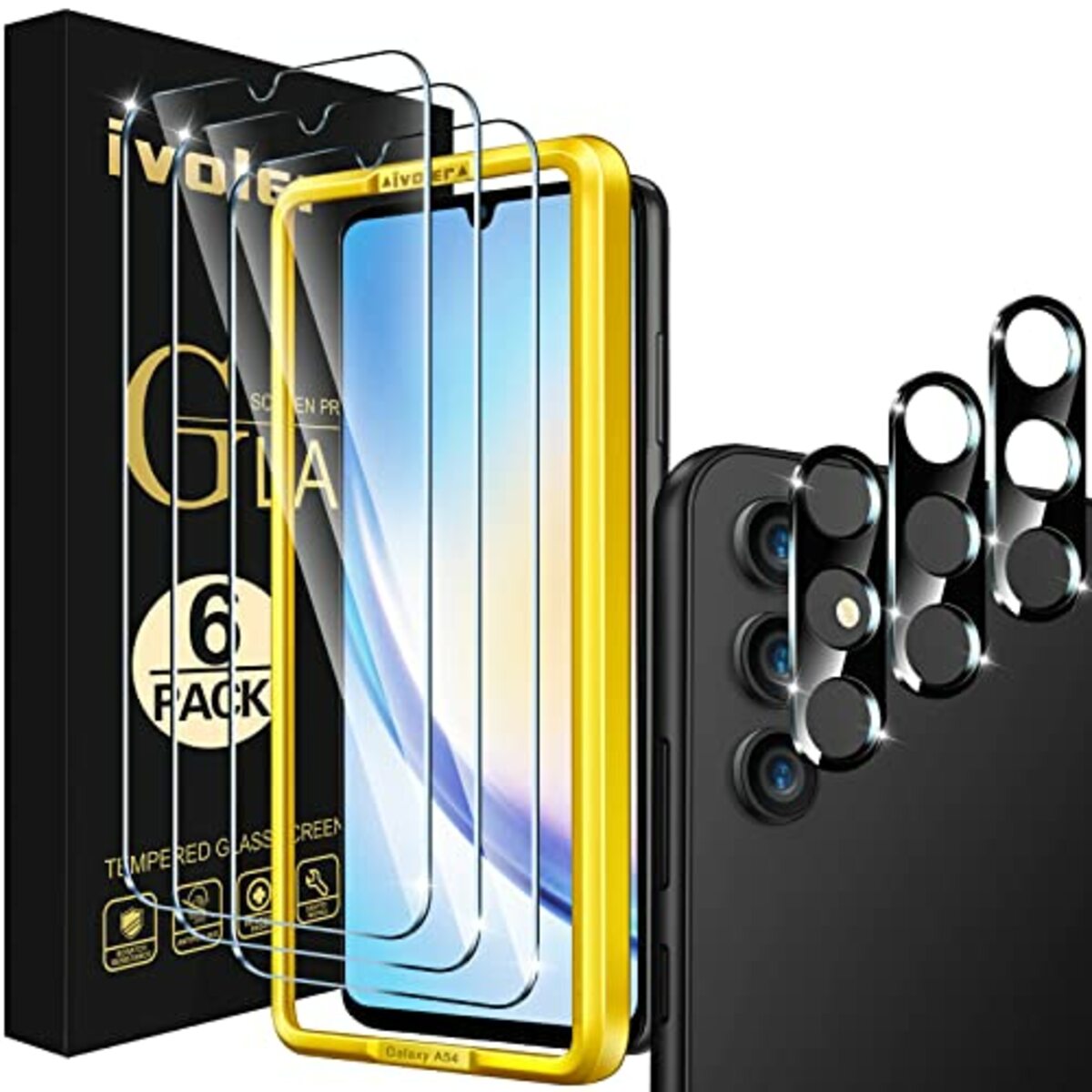 Bild 1 von ivoler 3+3 Stück Schutz Glas für Samsung Galaxy A34 5G, 3 Stücke Schutzfolie Mit 3 Stück Kameraschutz und Positionierhilfe, 9H Härte, HD Klar, Anti-Kratz, Anti-Bläschen