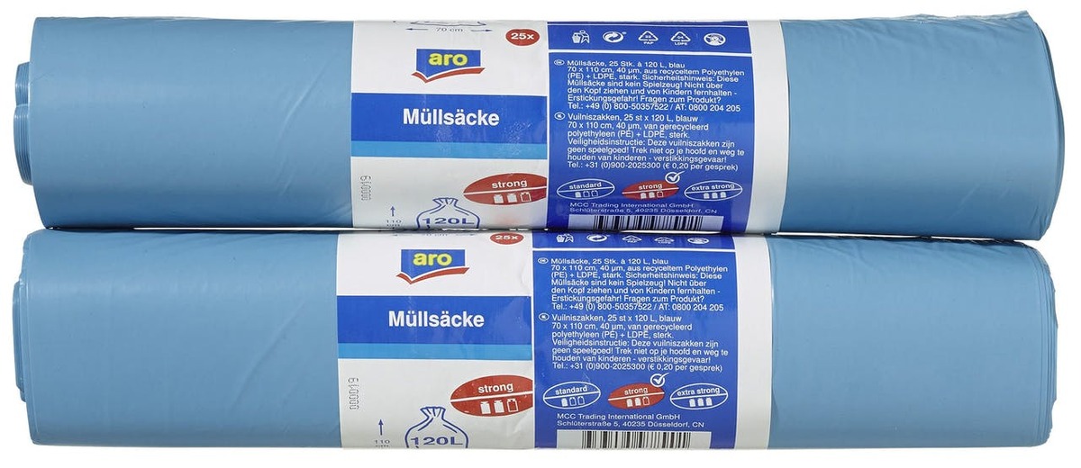 Bild 1 von aro Müllsäcke, HDPE / LDPE, 40 µm, 70 x 100 cm, 120 L, blau, 2 Rollen x 25 Stück (50 Stück)