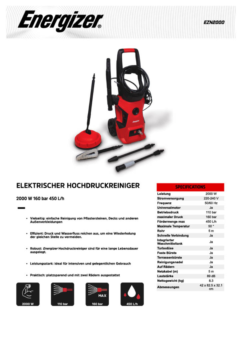 Bild 3 von Energizer Elektrische Hochdruckreiniger 2000 W 160 bar 450 L/h