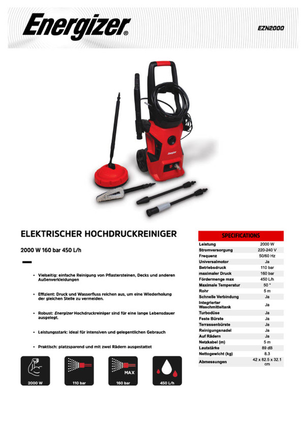 Bild 3 von Energizer Elektrische Hochdruckreiniger 2000 W 160 bar 450 L/h