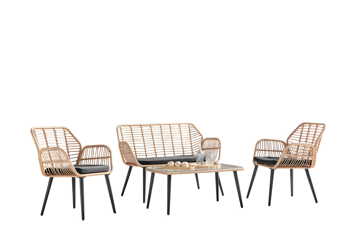 Bild 4 von Happy Home 4 tlg. Lounge Set HGS46-SCH helles Rattan mit Sitzkissen in schwarz