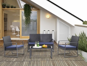 Happy Home 4 tlg. Lounge Set HGS31-SDB schwarz mit dunkelblauen Sitzkissen