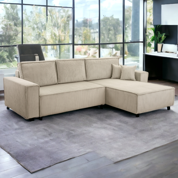 Bild 1 von Wohnlandschaft Ecksofa Beige Genf Cord XL mit Bett Kopfteilverstellung Bett Sofa Schlafsofa Ottomane