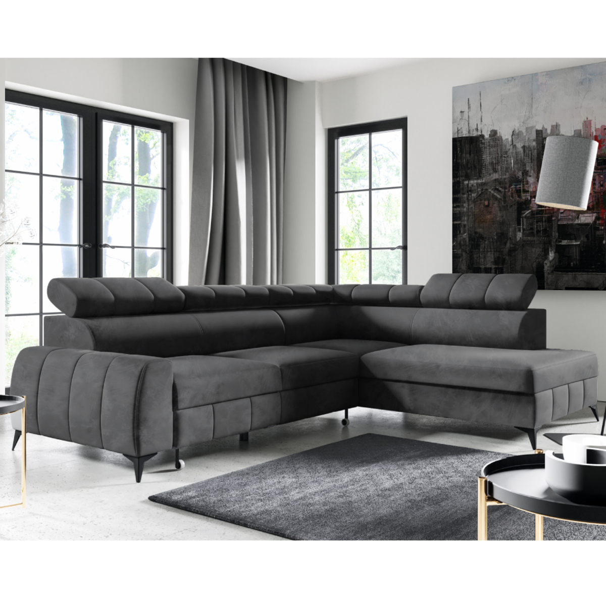 Bild 1 von Wohnlandschaft Ecksofa Livorno Samt Grau Anthrazit mit Bett Bettkasten Kopfteilverstellung Bett Sofa