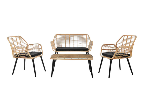 Bild 2 von Happy Home 4 tlg. Lounge Set HGS46-SCH helles Rattan mit Sitzkissen in schwarz