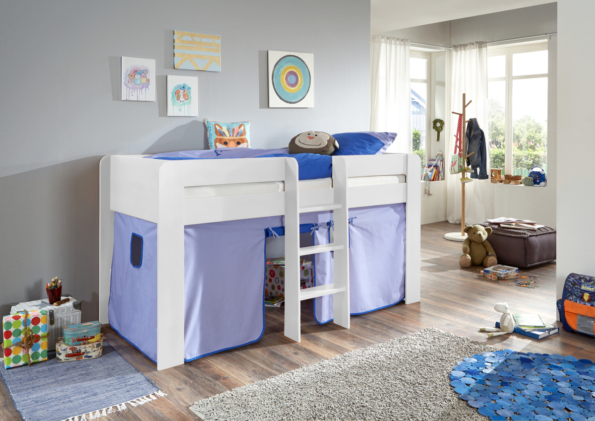 Bild 2 von Relita Halbhochbett ANDI Liegefläche 90 x 200 cm Dekor weiß inkl. Vorhang blau/delfin