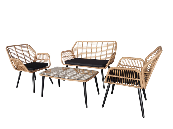 Bild 3 von Happy Home 4 tlg. Lounge Set HGS46-SCH helles Rattan mit Sitzkissen in schwarz