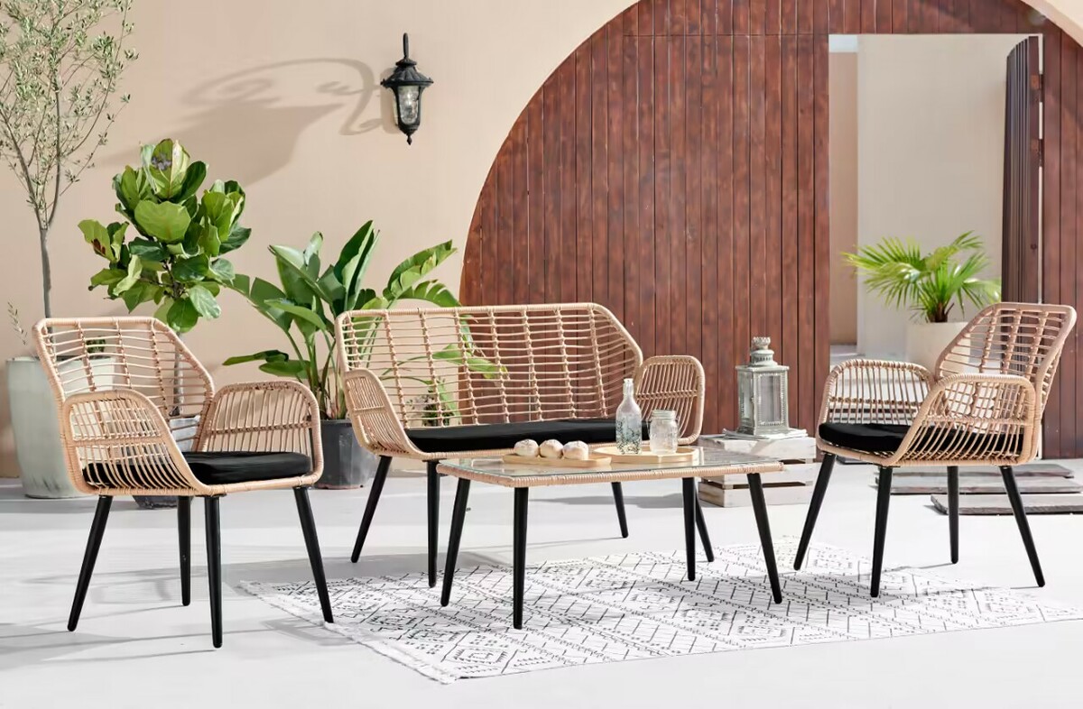 Bild 1 von Happy Home 4 tlg. Lounge Set HGS46-SCH helles Rattan mit Sitzkissen in schwarz