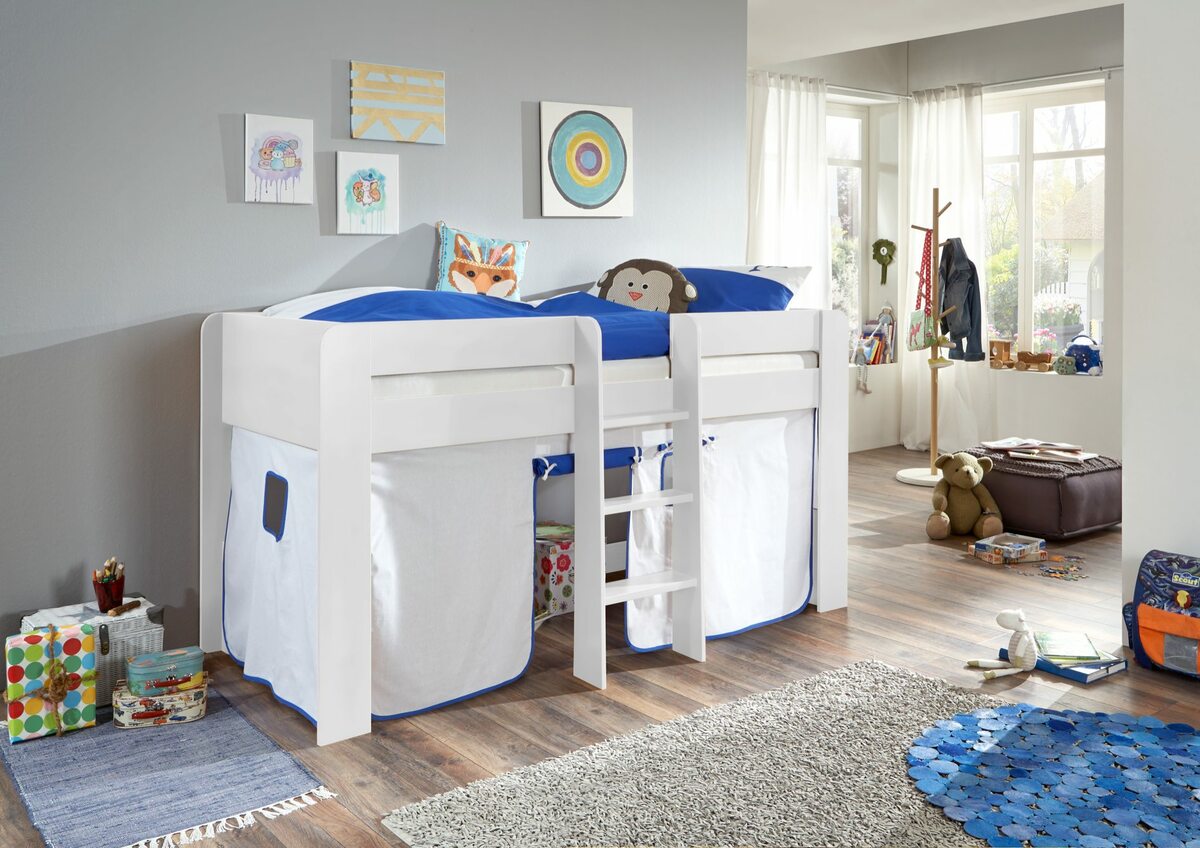 Bild 1 von Relita Halbhochbett ANDI Liegefläche 90 x 200 cm Dekor weiß inkl. Vorhang weiß/delfin