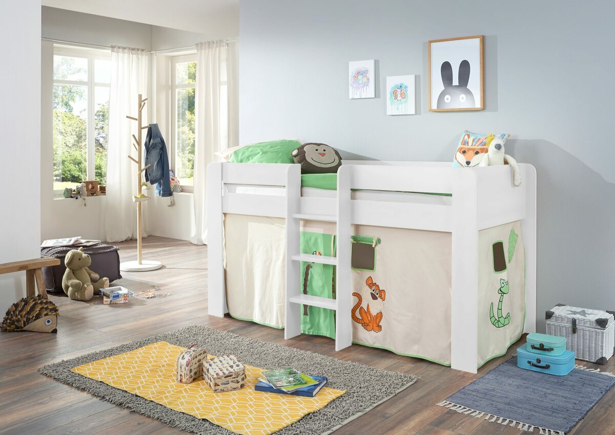 Bild 1 von Relita Halbhochbett ANDI Liegefläche 90 x 200 cm Dekor weiß inkl. Vorhang Dschungel