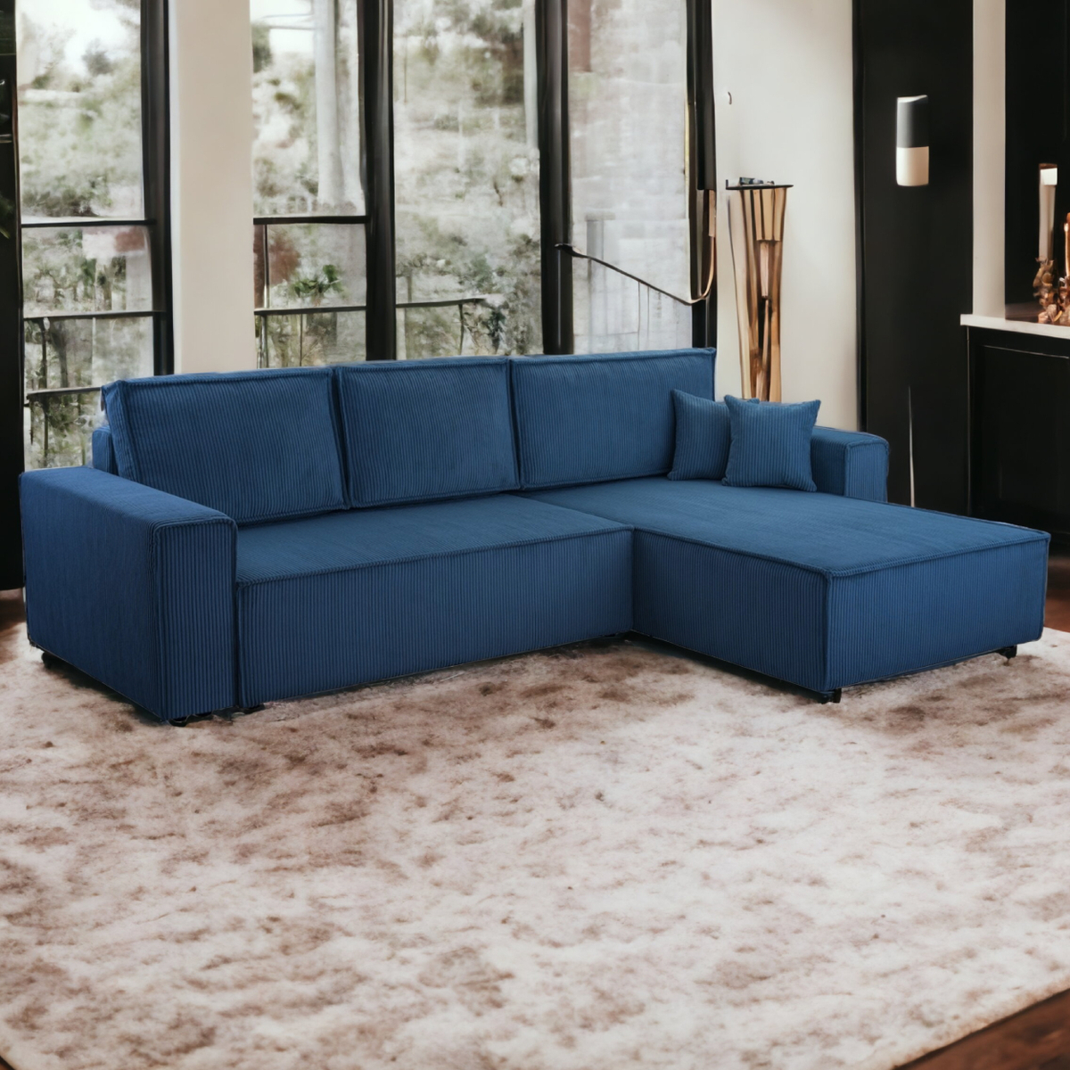 Bild 1 von Wohnlandschaft Ecksofa Dark Blue Genf Cord XL mit Bett Kopfteilverstellung Bett Sofa Schlafsofa Otto
