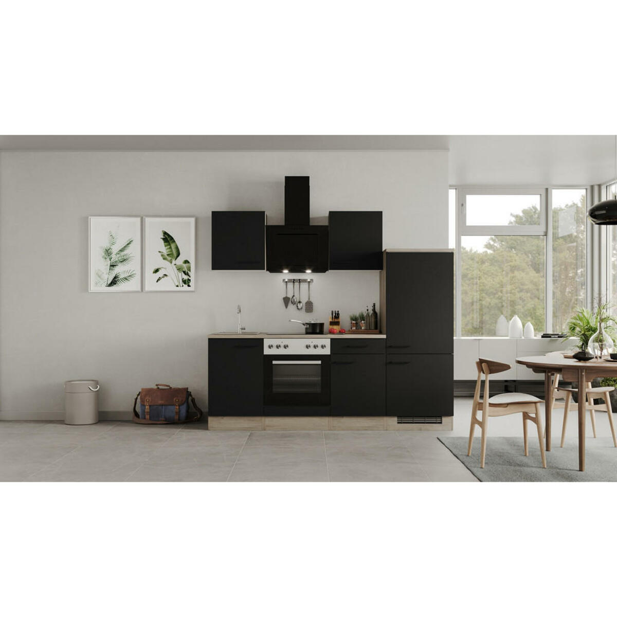 Bild 1 von FlexWell Küchenblock, Schwarz, Eiche, Metall, 1,1 Schubladen, einmalig seitenverkehrt montierbar, nur wie online abgebildet bestellbar, 220 cm, Made in Germany, links aufbaubar, rechts aufbaubar, K