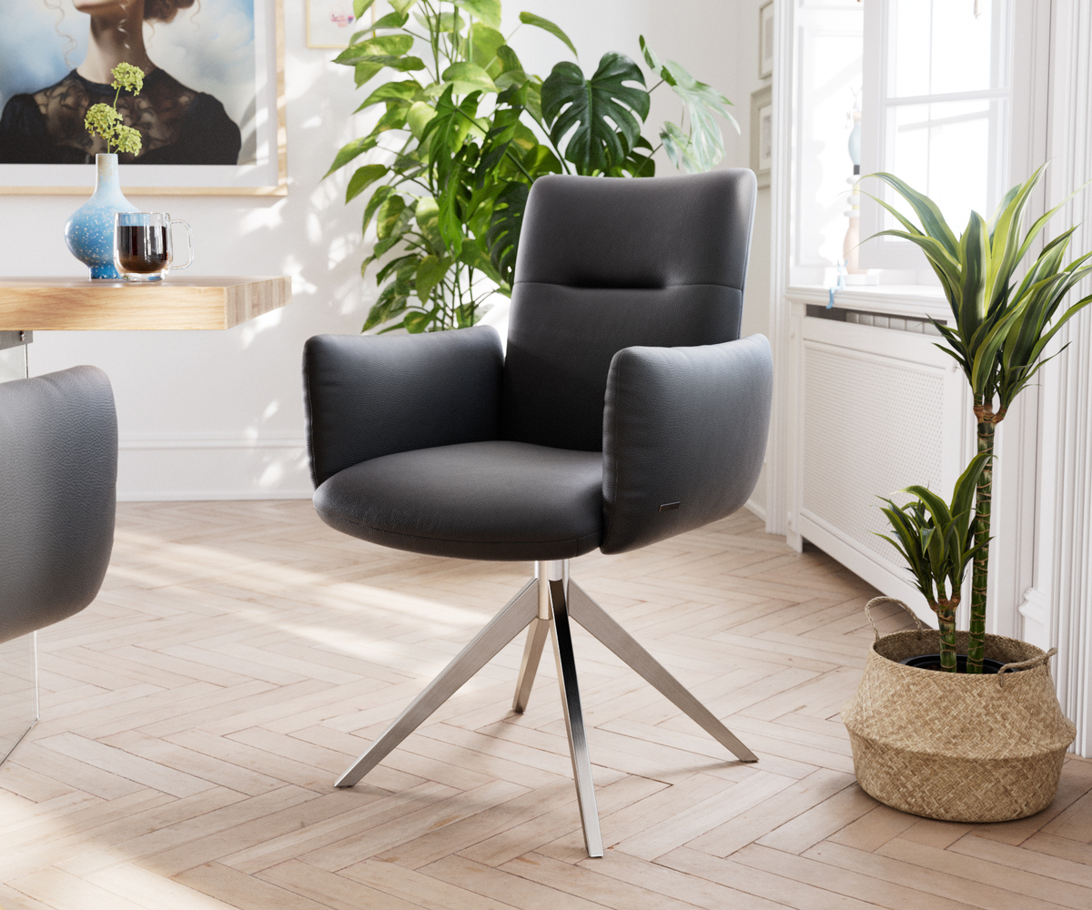 Bild 1 von Drehstuhl Jova-Flex mit Armlehnen Echt-Leder Schwarz Kreuzgestell breit Edelstahl 360° drehbar Taschenfederkern