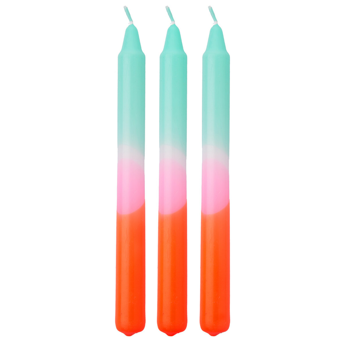Bild 1 von 3 Stabkerzen mit Farbverlauf TÜRKIS / WEISS / NEONORANGE