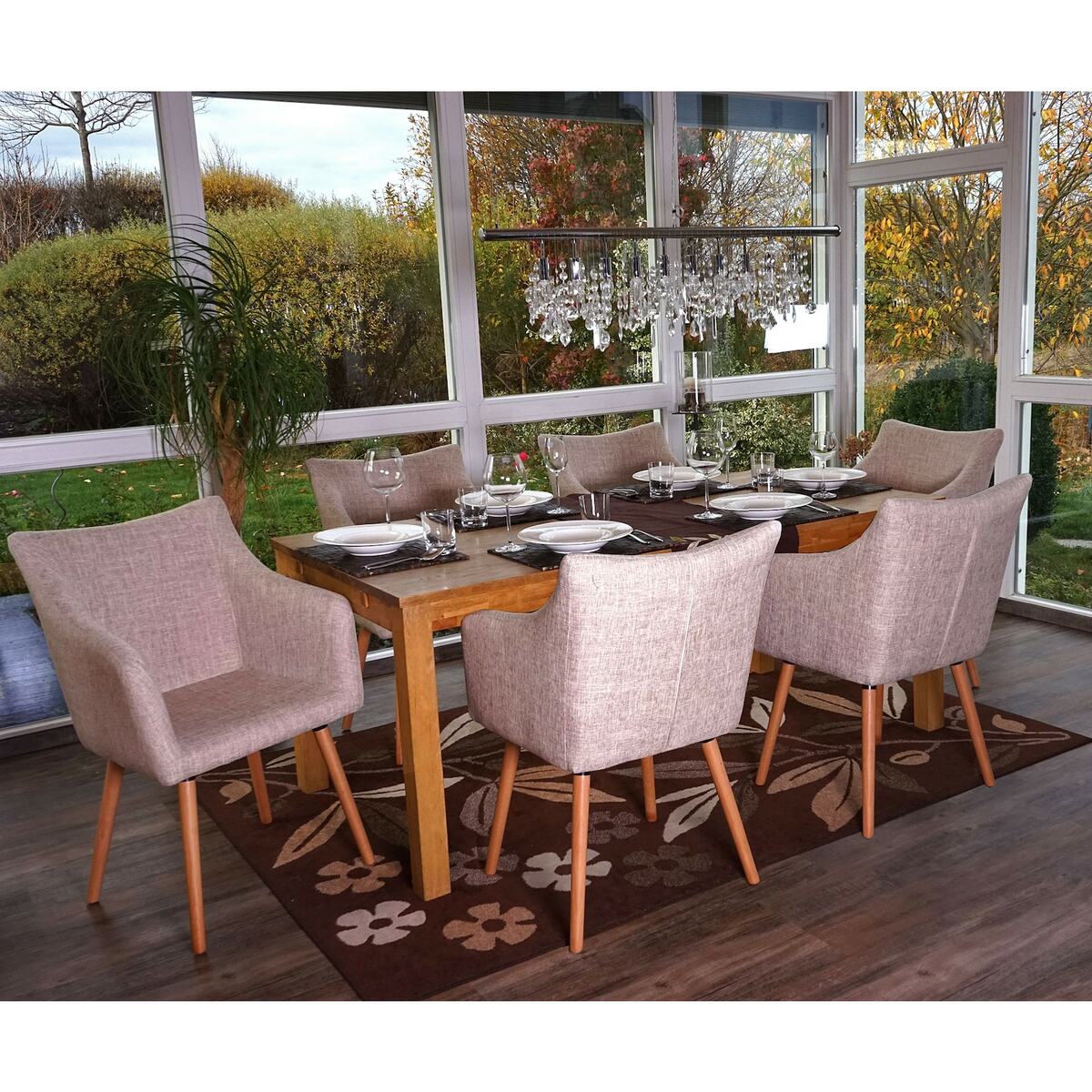 Bild 1 von 6er-Set Esszimmerstuhl Vaasa T382, Stuhl Küchenstuhl, Retro 50er Jahre Design ~ Textil, creme/grau