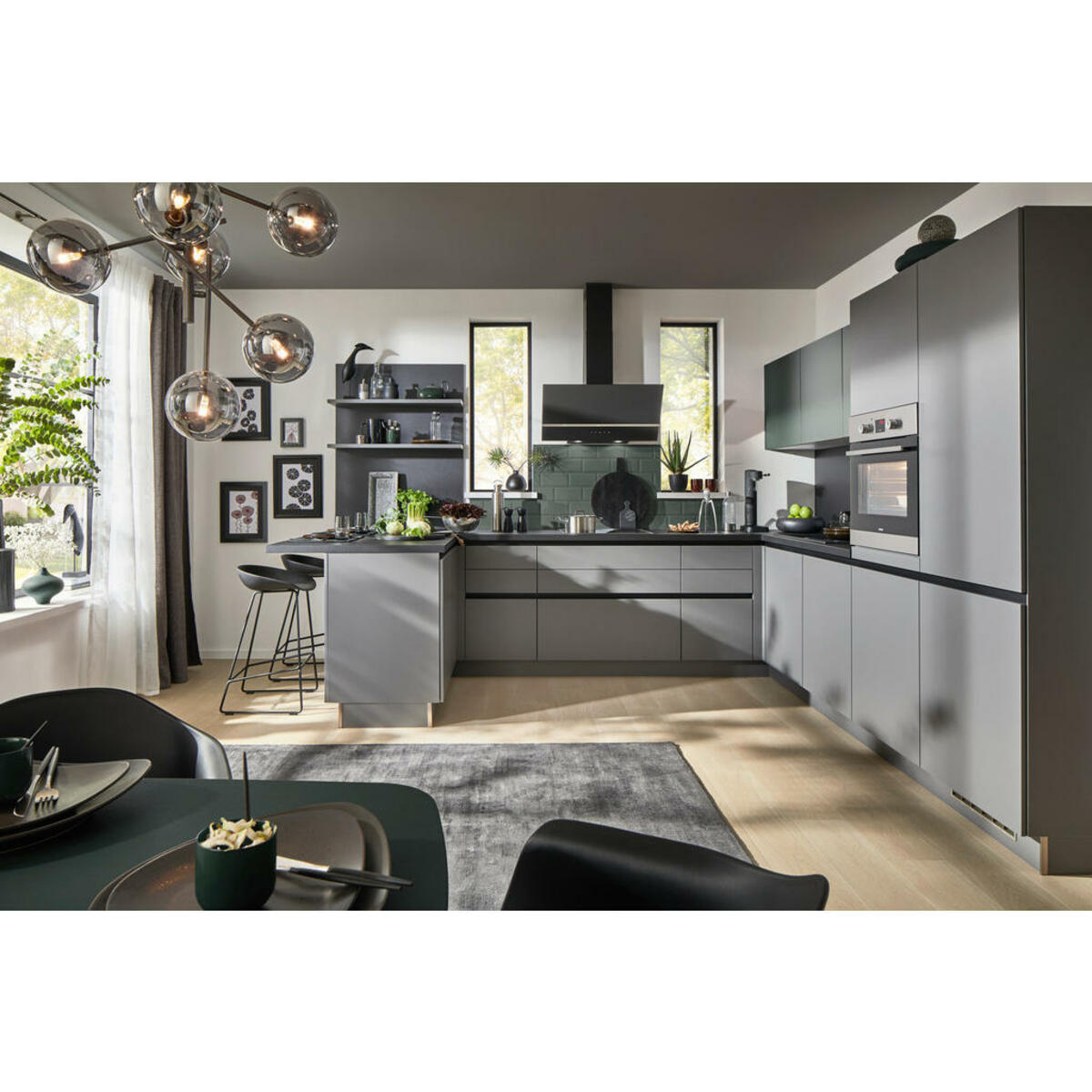 Bild 1 von Welnova Küchenleerblock, Anthrazit, Dunkelgrün, Metall, U-Form, nur wie online abgebildet bestellbar, 310x305 cm, Made in Germany, in den Filialen seitenverkehrt erhältlich, Eckküchen