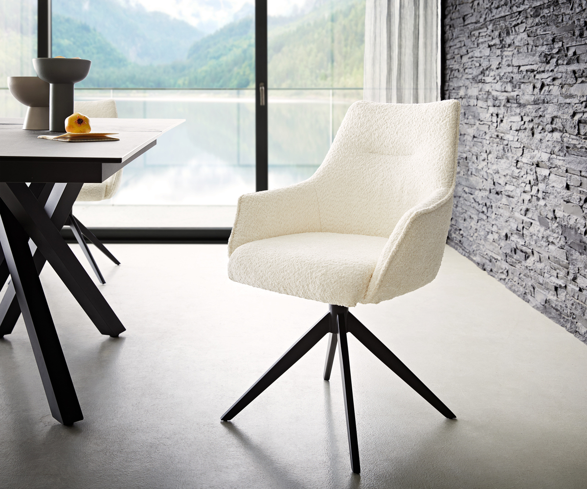 Bild 1 von Drehstuhl Alja-Flex mit Armlehnen Bouclé Weiß Kreuzgestell breit Schwarz 360° drehbar Taschenfederkern