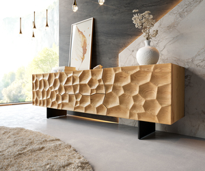 Lowboard Solu 175 cm Eiche Natur 2 Türen 2 Schübe Fuß schwebend Metall Schwarz 3D-Front