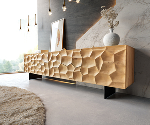 Lowboard Solu 220 cm Eiche Natur 2 Türen 4 Schübe Fuß schwebend Metall Schwarz 3D-Front