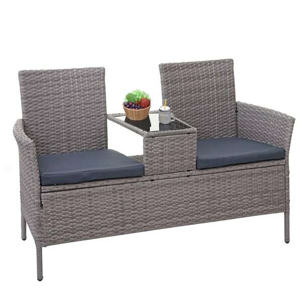 Bild 1 von Poly-Rattan Sitzbank mit Tisch MCW-E24, Gartenbank Sitzgruppe Gartensofa, 132cm ~ grau, Kissen dunkelgrau