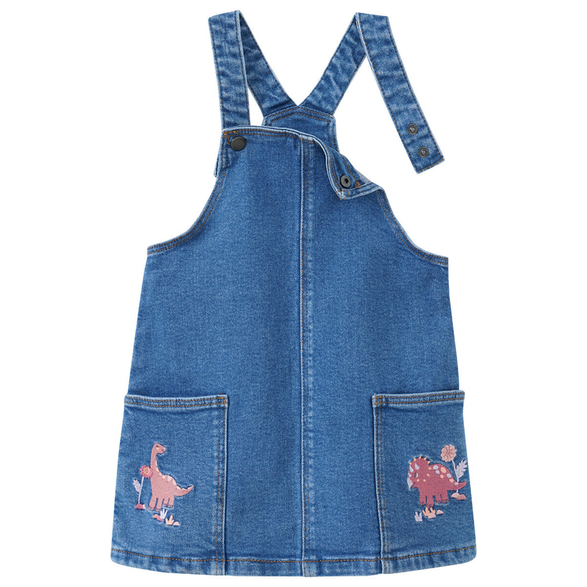Bild 1 von Mädchen Jeanslatzkleid mit Dino-Stickerei DUNKELBLAU
