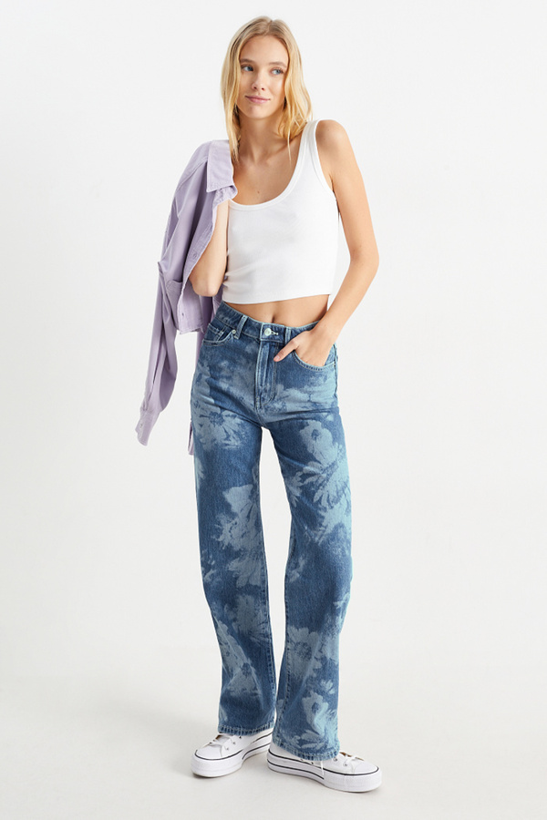 Bild 1 von C&A CLOCKHOUSE-Loose Fit Jeans-High Waist-geblümt, Blau, Größe: 34