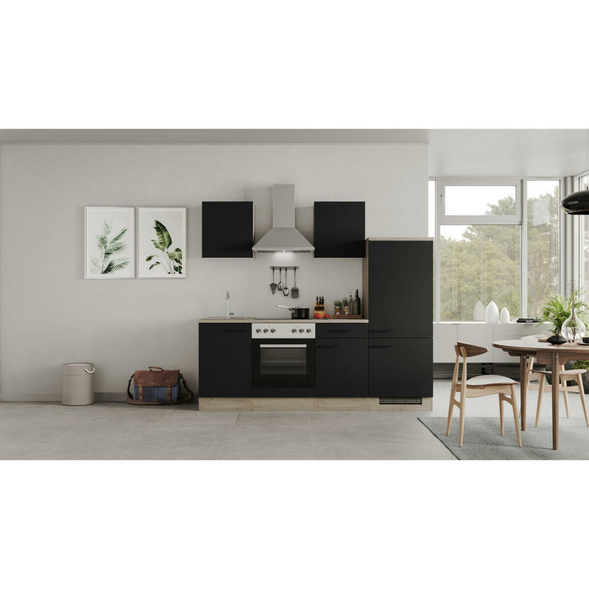Bild 1 von FlexWell Küchenblock, Schwarz, Eiche, Metall, 1,1 Schubladen, einmalig seitenverkehrt montierbar, nur wie online abgebildet bestellbar, 220 cm, Made in Germany, links aufbaubar, rechts aufbaubar, K