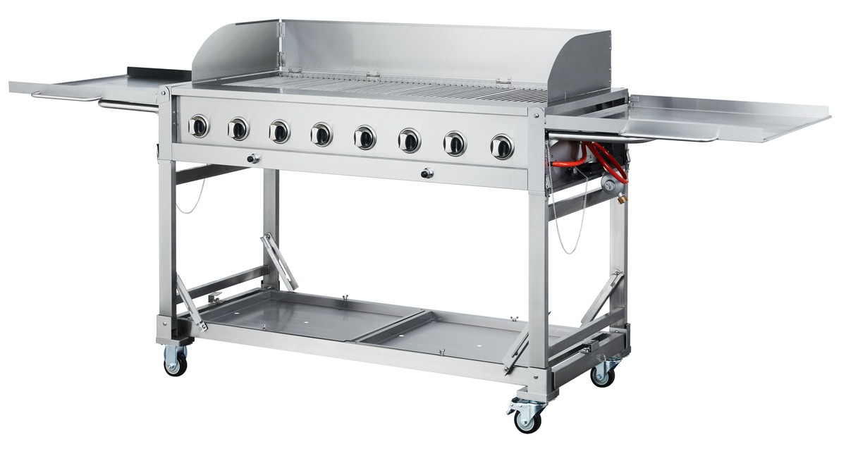 Bild 1 von METRO Professional Gasgrill 8-Brenner, Edelstahl, 260 x 66 x 108 cm, 32 kW, fahrbar, mit Bremsen, silber