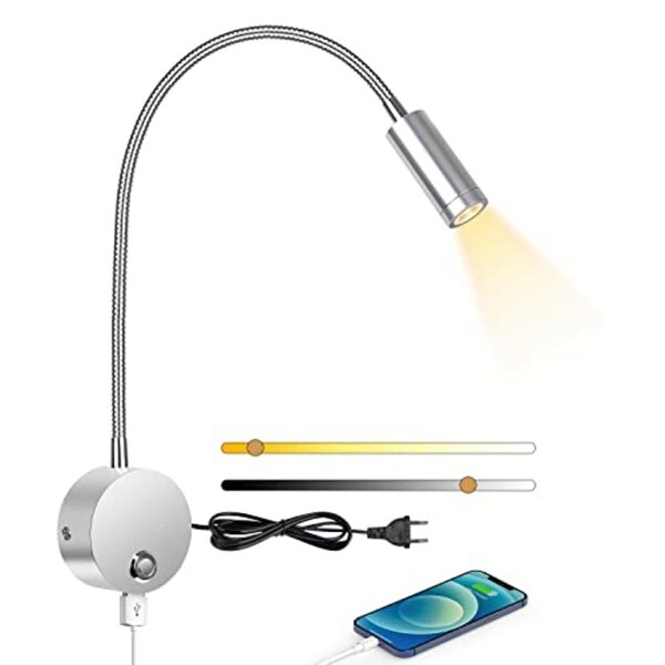 Bild 1 von ERWEY LED Leselampe Wandmontage Dimmbare Schwanenhals Lampe mit Touch-Schalter und USB-Anschlus