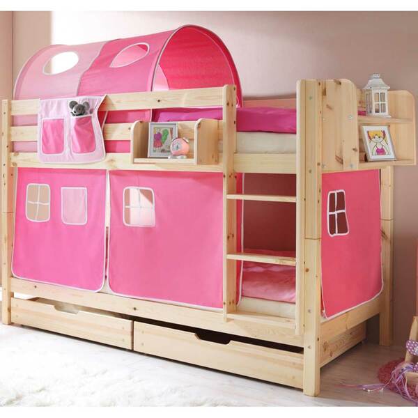 Bild 1 von Kinderetagenbett mit rosa Vorhängen Kiefer Massivholz