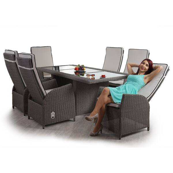 Bild 1 von Luxus Poly-Rattan-Garnitur Burgos, Premium Lounge Set Alu-Sitzgruppe Tisch + 6 verstellbare Stühle ~ grau