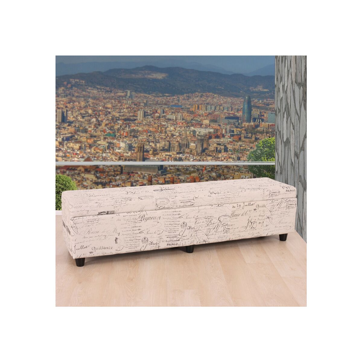 Bild 1 von Aufbewahrungs-Truhe Kriens XXL, Sitzbank Bank, Stoff/Textil, 45x180x45cm ~ Schriftzug, creme